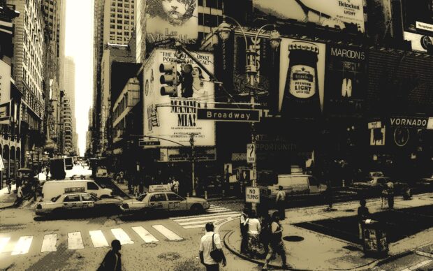 A busy Broadway street scene showing theater signs and city traffic in a vintage style