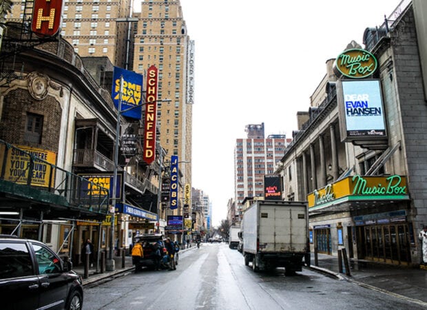 A busy Broadway street view with Schoenfeld and Music Box theatres on an overcast day
