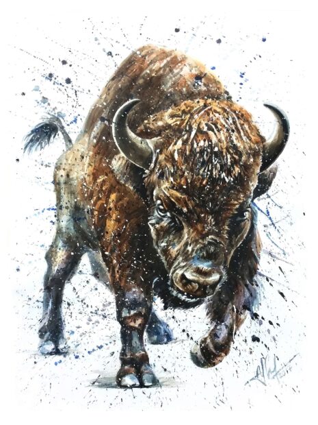 A detailed buffalo animal charging forward with artistic paint splatters around its body