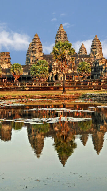Angkor Wat temple and palm trees reflection in water Cambodia landscape