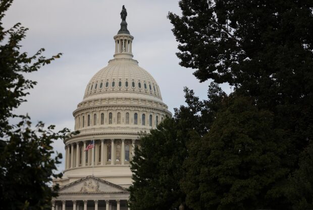 The dome of Capitol Hill surrounded by green trees under an overcast sky