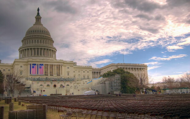 Capitol Hill in Washington DC with rows of chairs set up for an event