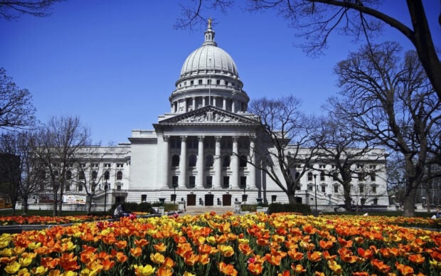 Capitol Hill with vibrant tulips and clear blue sky in springtime