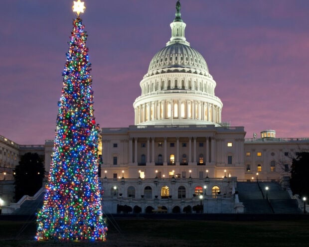 Capitol Hill decorated with a colorful Christmas tree lit up at night