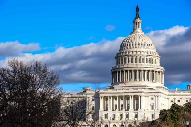 The iconic Capitol Hill dome surrounded by bare trees under a blue sky