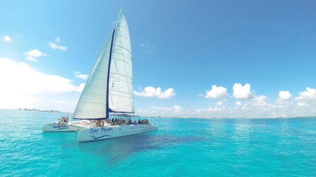 A catamaran sailing on clear blue ocean waters under a bright sunny sky