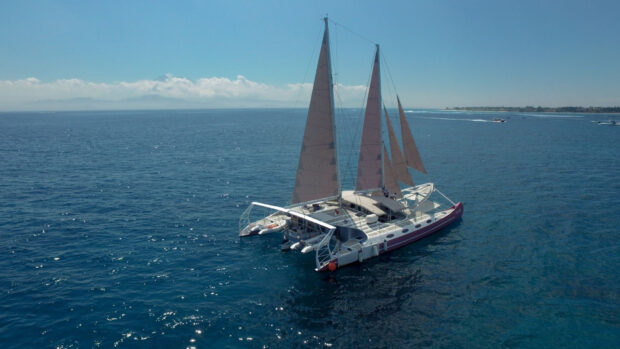 A catamaran sailing calmly on the clear blue ocean under a bright sky