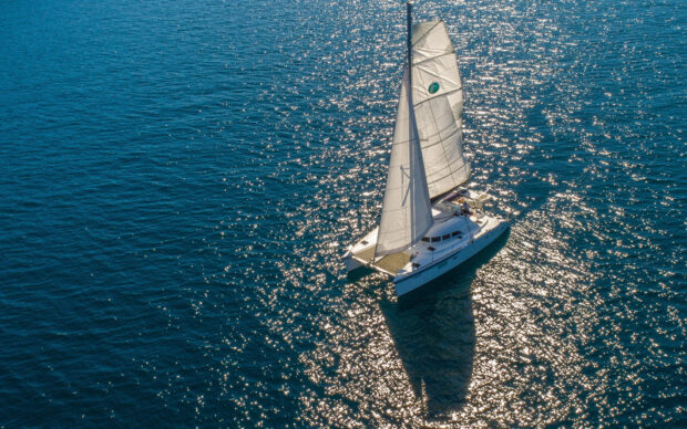 A catamaran sailing on sparkling blue water under bright sunlight