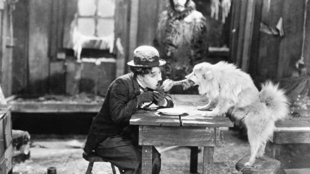 Charlie Chaplin sharing food with a dog in a vintage black and white scene