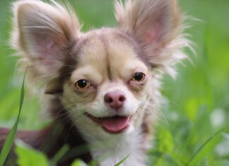 A close up of a happy chihuahua with large ears in the grass