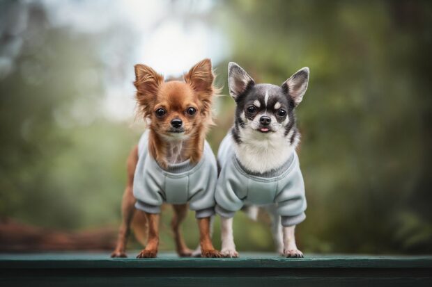 Two chihuahua dogs wearing sweaters standing on a bench in the outdoors