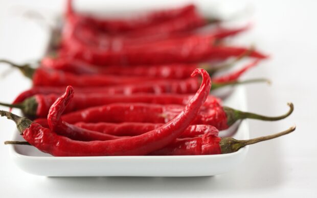 A close up view of fresh red chili pepper arranged on a white dish