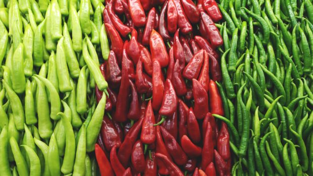 Fresh chili pepper assortment in vibrant red and green colors arranged closely together