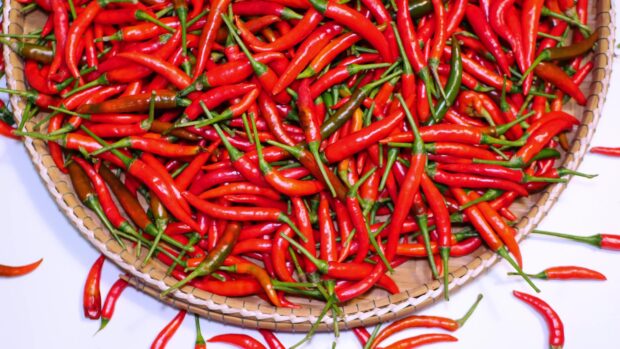 A basket filled with fresh chili peppers on a white surface showing vibrant red and green chili pepper varieties