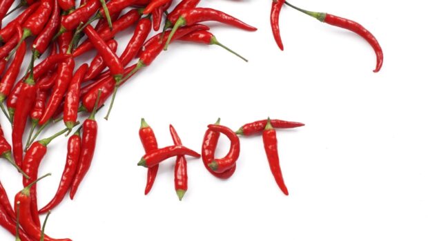 Red chili pepper arrangement spelling hot on a white background