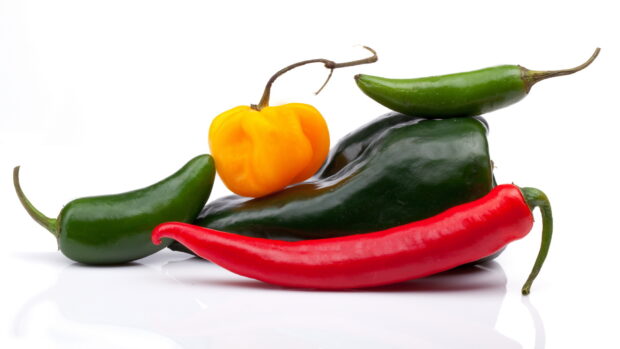 A variety of chili pepper including red, green, and yellow chili pepper on a white surface