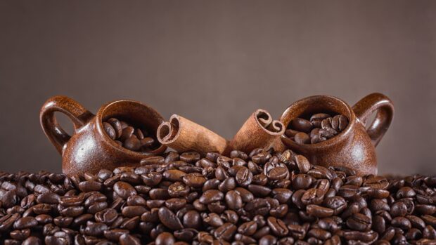 Two small ceramic cups filled with coffee beans and cinnamon sticks among roasted coffee beans