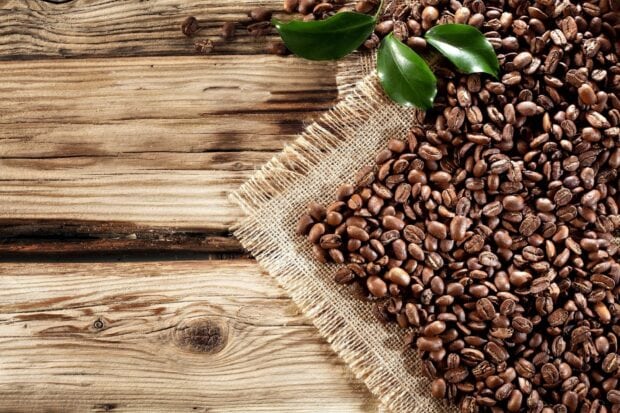Coffee beans are scattered on rustic burlap fabric with green leaves on a wooden surface