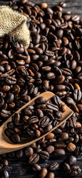 Close up of coffee beans spilling from a burlap sack onto a wooden surface with a wooden scoop