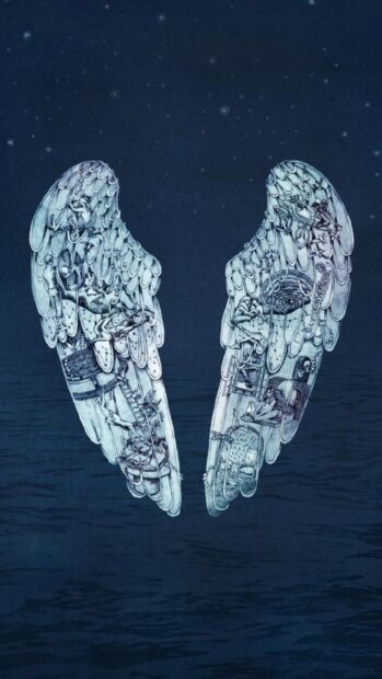 Angel wings artwork with intricate human figures representing Coldplay