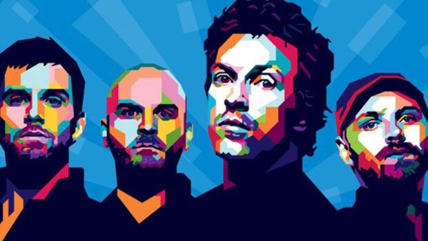 Colorful artistic illustration of Coldplay band members in geometric style
