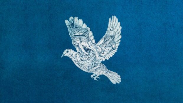 Artistic blue bird filled with detailed Coldplay designs and scenes on a textured background