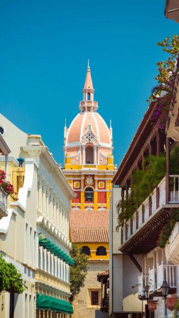 Historic cathedral tower in Colombia surrounded by colorful colonial buildings under clear blue sky