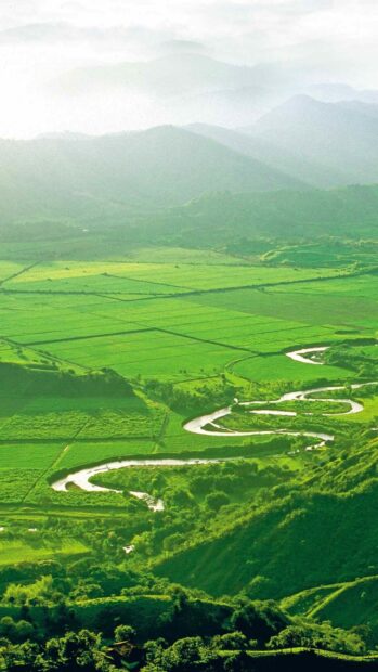 A winding river flowing through lush green fields in Colombia landscape