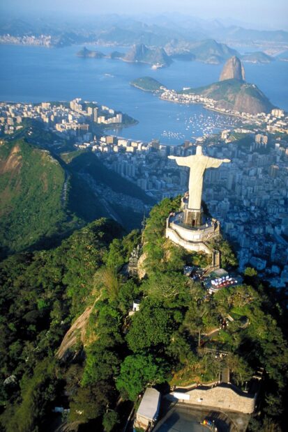 The statue on Corcovado Mountain overlooking the city and coastline
