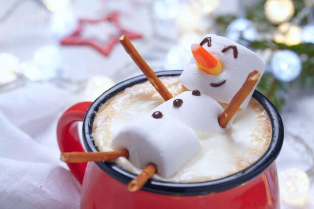 A cozy winter scene with marshmallow snowman floating in hot drink with pretzel arms