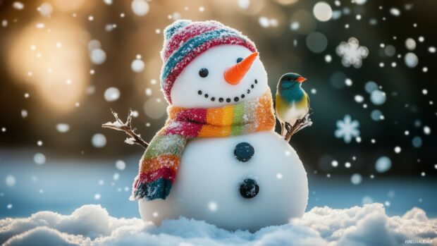 A cozy winter scene with a snowman wearing a colorful scarf and hat next to a bird