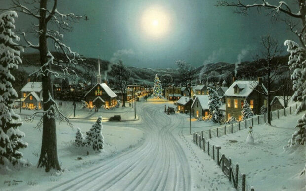 Snowy village street in winter night with decorated tree and footprints in the snow