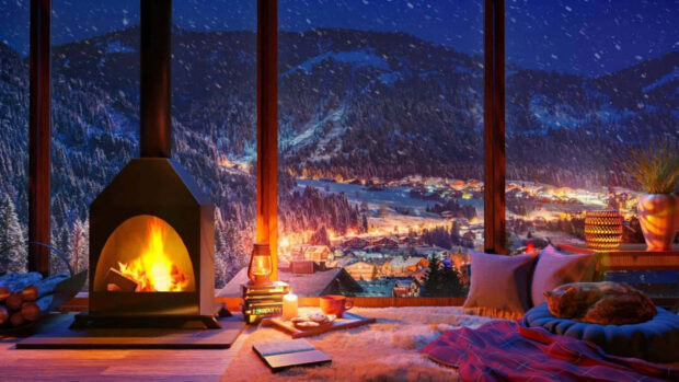 A cozy winter night scene with a warm fireplace and snowy mountain view through the window