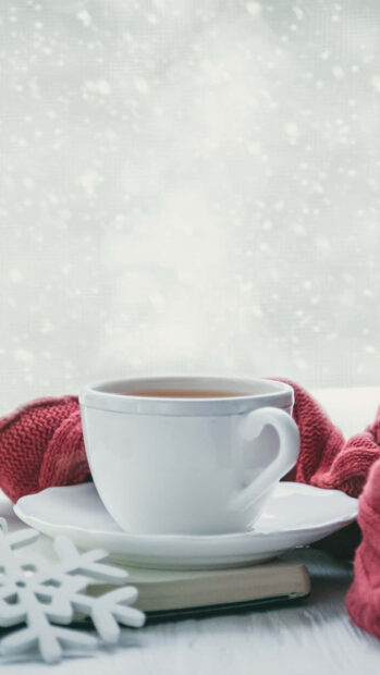 Hot tea on a table with a red cozy scarf and snow falling outside