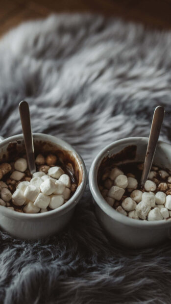 Warm cozy hot chocolate with marshmallows on a soft winter blanket