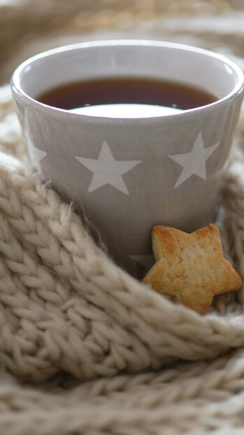 Warm drink with star shaped cookie on knit fabric in a cozy winter setting