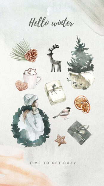 A cozy woman wearing winter clothing surrounded by winter decorations and gifts