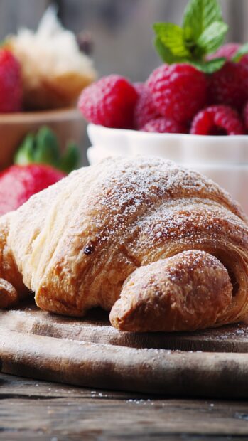 Fresh croissant topped with powdered sugar on wooden board with raspberries in background