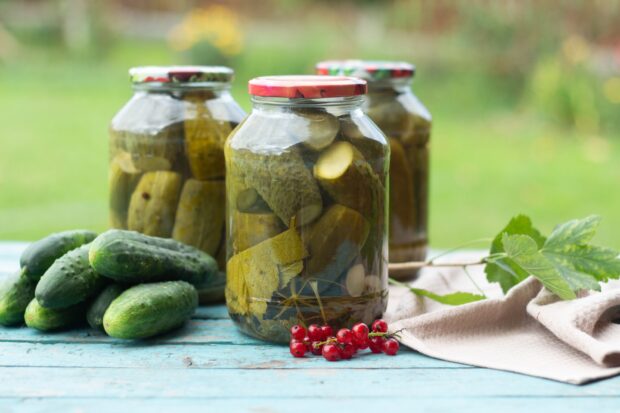 Fresh cucumber and pickled cucumber jars on a rustic blue wooden table with red currants nearby