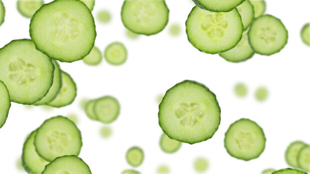 Fresh cucumber slices floating on a white background with cucumber seeds visible
