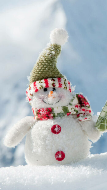 A cute snowman wearing a green hat and scarf in the snow winter