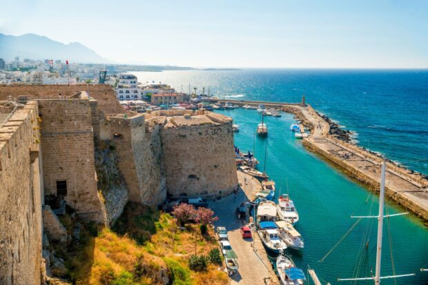 Ancient fortress and marina in Cyprus bright sunny day