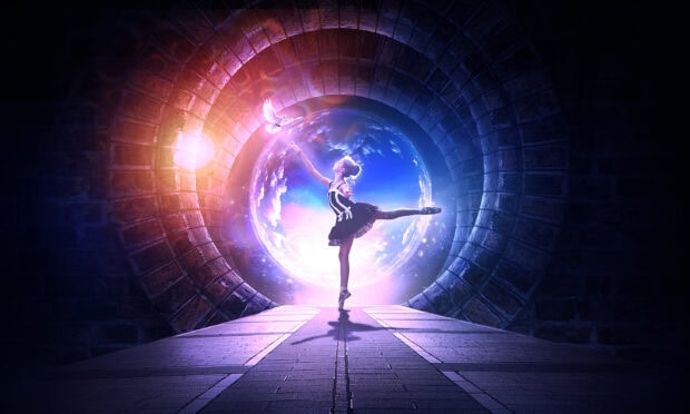 A dancer balancing gracefully in front of a glowing earth sphere inside a stone tunnel