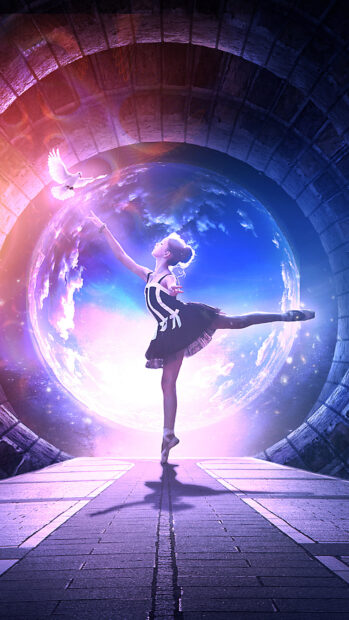 A graceful ballet dancer reaching out to a white dove near a cosmic moon scene