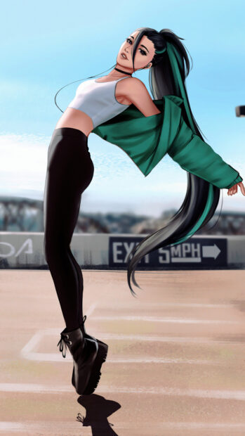 A dancer performing a stylish pose wearing black leggings and a green jacket