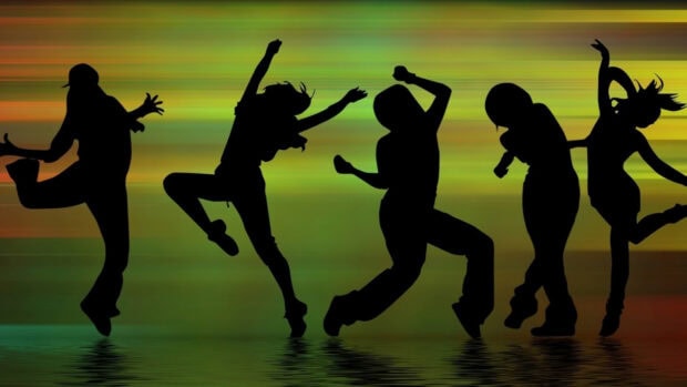 Silhouettes of five dancer figures performing energetic moves on a colorful background