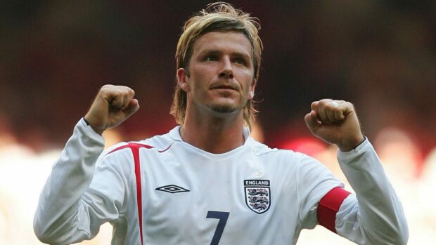 David Beckham celebrating in England football jersey with number seven and captain armband