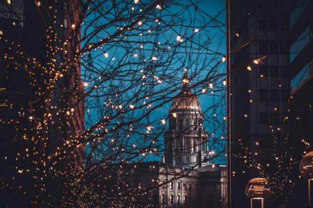 The Denver Colorado cityscape with illuminated trees and the state capitol building visible through the branches