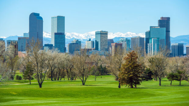 Denver skyline with lush green park and snowy mountain in the background