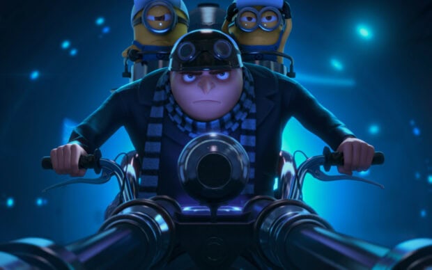Gru riding a motorcycle with two Minions on the back in a dark blue setting